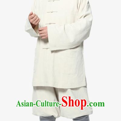 Traditional Chinese Monk Costume Meditation White Ramie Shirt and Pants for Men