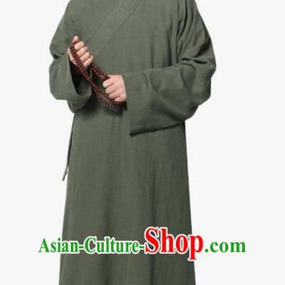 Traditional Chinese Monk Costume Olive Green Ramie Long Gown for Men