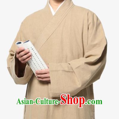 Traditional Chinese Monk Costume Khaki Ramie Long Gown for Men