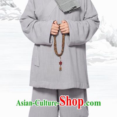 Traditional Chinese Monk Costume Meditation Grey Flax Outfits Shirt and Pants for Men