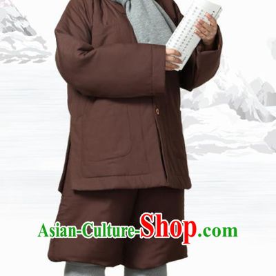 Traditional Chinese Monk Costume Meditation Outfits Brown Cotton Wadded Jacket Shirt and Pants for Men