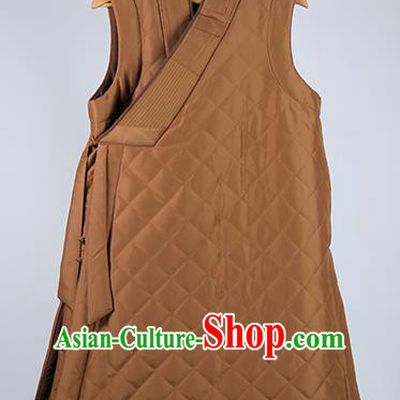 Traditional Chinese Monk Costume Lay Buddhists Khaki Cotton Padded Jacket for Men