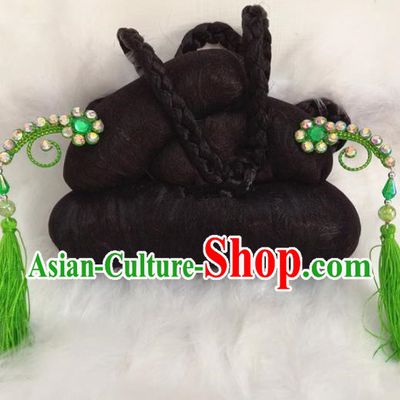 Chinese Traditional Beijing Opera Hair Accessories Peking Opera Green Tassel Hairpins for Adults