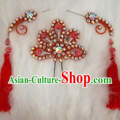 Chinese Traditional Beijing Opera Hair Accessories Peking Opera Red Flower Hairpins Tassel Step Shake for Adults
