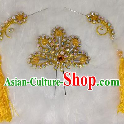 Chinese Traditional Beijing Opera Hair Accessories Peking Opera Yellow Flower Hairpins Tassel Step Shake for Adults