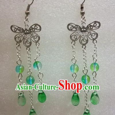 Chinese Traditional Beijing Opera Accessories Peking Opera Green Beads Tassel Butterfly Earrings for Adults
