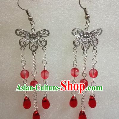 Chinese Traditional Beijing Opera Accessories Peking Opera Red Beads Tassel Butterfly Earrings for Adults