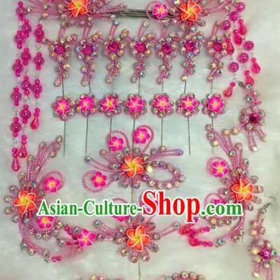 Chinese Traditional Beijing Opera Hair Accessories Peking Opera Pink Flower Hairpins Complete Set for Adults