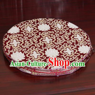 Chinese Classical Household Ornament Wine Red Brocade Rush Cushion Cover Traditional Lotus Pattern Mat Cover