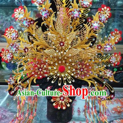 Chinese Traditional Beijing Opera Actress Golden Phoenix Coronet Head Ornaments Hair Accessories for Adults