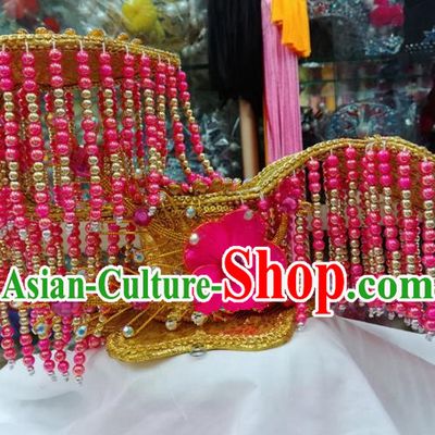 Chinese Traditional Beijing Opera Imperial Consort Head Ornaments Pink Beads Tassel Hat Hair Accessories for Adults