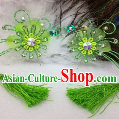 Chinese Traditional Beijing Opera Actress Green Tassel Flower Hair Clips Hair Accessories Ancient Hairpins for Adults