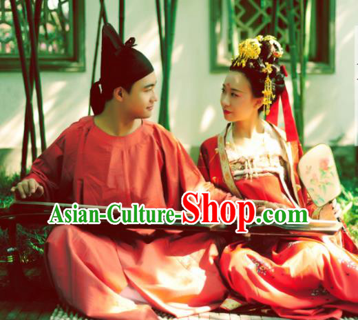 Chinese Ancient Tang Dynasty Bride and Bridegroom Wedding Historical Costumes Complete Set Chinese Ancient Tang Dynasty Bride and Bridegroom Wedding Historical Costumes Complete Set