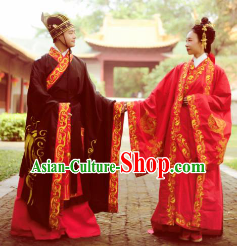 Chinese Ancient Han Dynasty Bride and Bridegroom Wedding Historical Costumes Complete Set Chinese Ancient Han Dynasty Bride and Bridegroom Wedding Historical Costumes Complete Set