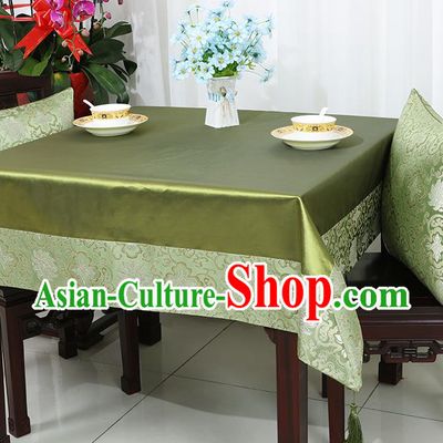 Chinese Traditional Lotus Pattern Green Brocade Table Cloth Classical Satin Household Ornament Desk Cover