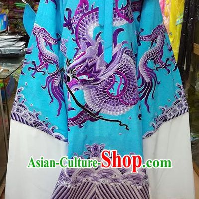 Chinese Traditional Beijing Opera Minister Costume Peking Opera Old Gentleman Blue Embroidered Robe for Adults