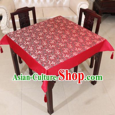 Chinese Traditional Dragons Pattern Red Brocade Desk Cloth Classical Satin Household Ornament Table Cover