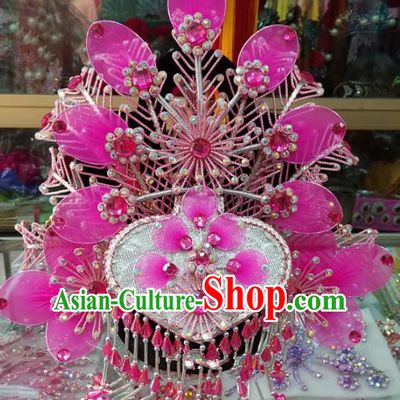 Chinese Traditional Beijing Opera Imperial Consort Pink Phoenix Coronet Head Ornaments Hair Accessories for Adults