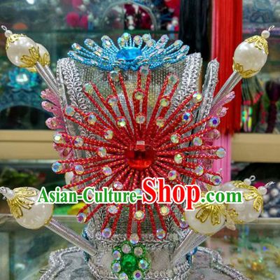 Chinese Traditional Beijing Opera Headwear Peking Opera Niche Red Beads Hairdo Crown for Adults