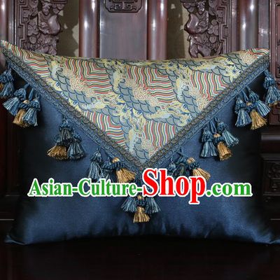Chinese Traditional Wave Pattern Navy Brocade Back Cushion Cover Classical Household Ornament