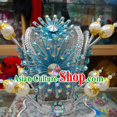 Chinese Traditional Beijing Opera Headwear Peking Opera Niche Blue Beads Hairdo Crown for Adults