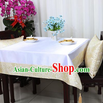 Chinese Traditional Dragons Pattern White Brocade Table Cloth Classical Satin Household Ornament Desk Cover