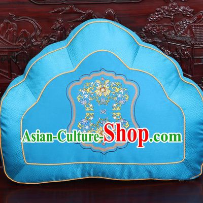 Chinese Traditional Embroidered Chrysanthemum Pattern Blue Brocade Back Cushion Cover Classical Household Ornament