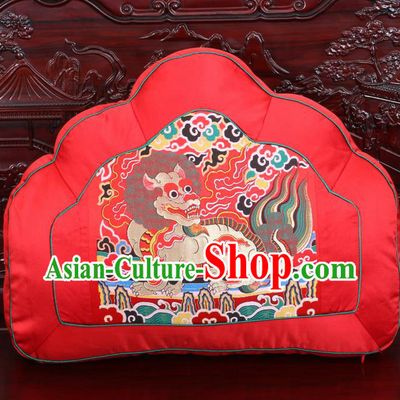 Chinese Traditional Embroidered Kylin Pattern Red Brocade Back Cushion Cover Classical Household Ornament