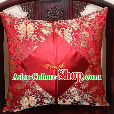 Chinese Classical Fishes Pattern Red Brocade Pipa Button Back Cushion Cover Traditional Household Ornament