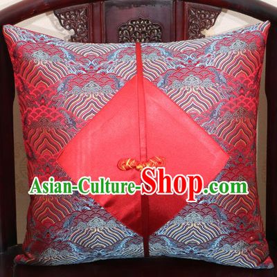Chinese Classical Wave Pattern Red Brocade Pipa Button Back Cushion Cover Traditional Household Ornament