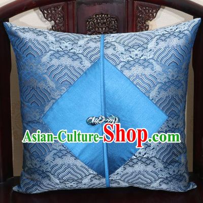 Chinese Classical Wave Pattern Blue Brocade Pipa Button Back Cushion Cover Traditional Household Ornament