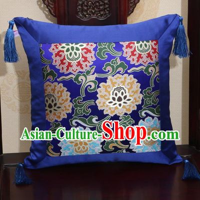 Chinese Classical Lotus Pattern Royalblue Brocade Square Cushion Cover Traditional Household Ornament