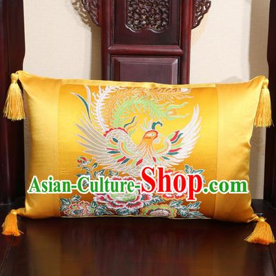 Chinese Traditional Phoenix Peony Pattern Golden Brocade Back Cushion Cover Classical Household Ornament