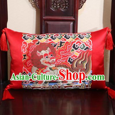 Chinese Traditional Kylin Pattern Red Brocade Back Cushion Cover Classical Household Ornament
