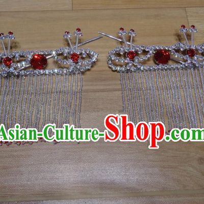 Chinese Traditional Beijing Opera Diva Sidebums Red Tassel Hairpins Princess Hair Accessories for Adults