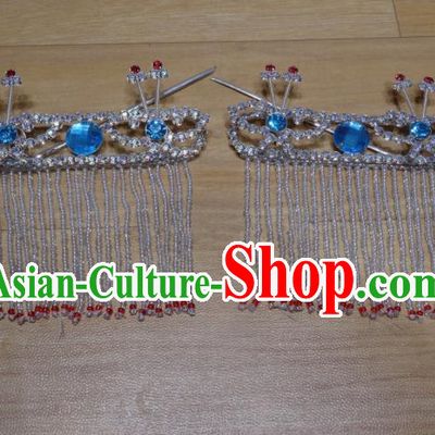 Chinese Traditional Beijing Opera Diva Sidebums Blue Tassel Hairpins Princess Hair Accessories for Adults