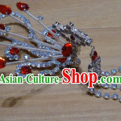 Chinese Traditional Beijing Opera Red Crystal Phoenix Tassel Hairpins Princess Hair Accessories for Adults