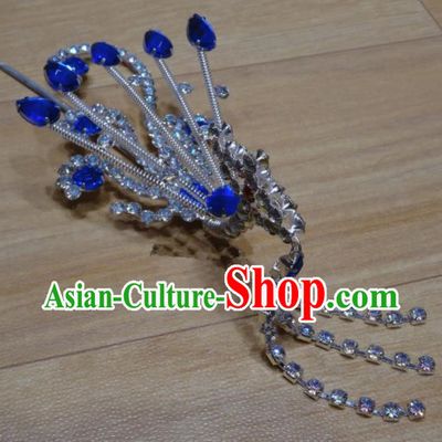 Chinese Traditional Beijing Opera Royalblue Crystal Phoenix Tassel Hairpins Princess Hair Accessories for Adults