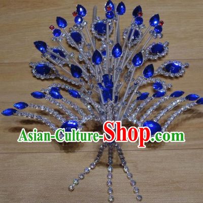Chinese Traditional Beijing Opera Phoenix Hairpins Princess Royalblue Crystal Hair Accessories for Adults