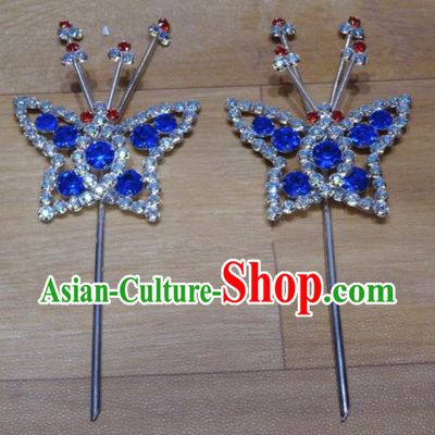 Chinese Traditional Beijing Opera Butterfly Hairpins Princess Royalblue Crystal Hair Accessories for Adults
