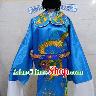 Chinese Traditional Beijing Opera Prime Minister Blue Embroidered Robe Peking Opera Old Men Costume for Adults