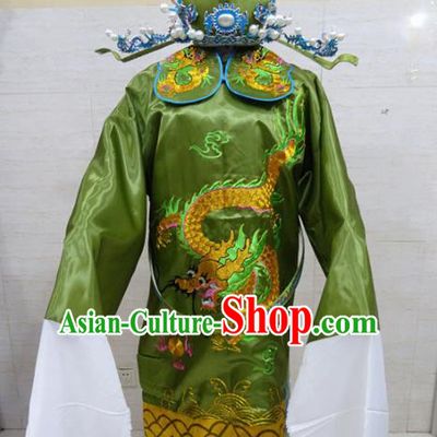 Chinese Traditional Beijing Opera Prime Minister Green Embroidered Robe Peking Opera Old Men Costume for Adults