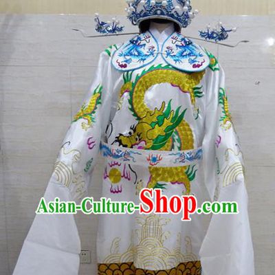 Chinese Traditional Beijing Opera Prime Minister White Embroidered Robe Peking Opera Old Men Costume for Adults