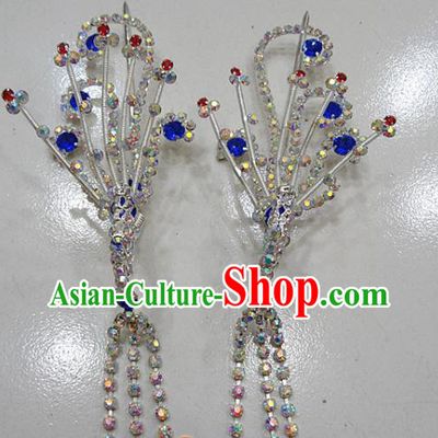 Chinese Traditional Beijing Opera Diva Royalblue Phoenix Hairpins Princess Crystal Tassel Hair Clip Hair Accessories for Adults