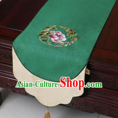 Chinese Traditional Embroidered Peony Green Brocade Table Cloth Classical Satin Household Ornament Table Flag