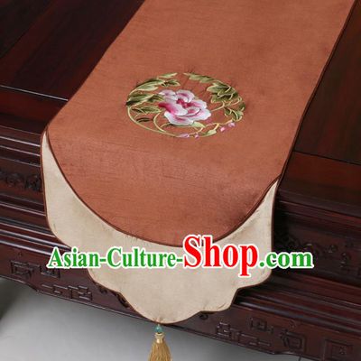Chinese Traditional Embroidered Peony Brown Brocade Table Cloth Classical Satin Household Ornament Table Flag