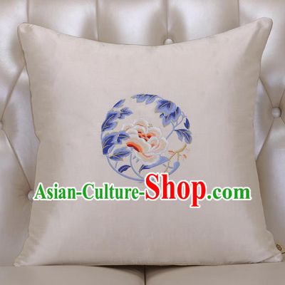 Chinese Traditional Embroidered Peony White Brocade Back Cushion Cover Classical Household Ornament