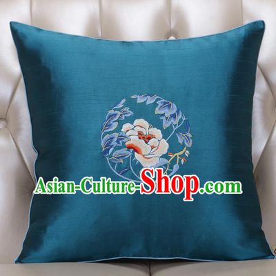 Chinese Traditional Embroidered Peony Peacock Blue Brocade Back Cushion Cover Classical Household Ornament