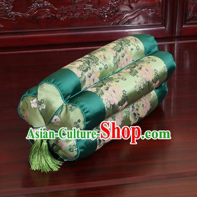 Chinese Traditional Household Accessories Classical Peony Pattern Green Brocade Plum Blossom Pillow