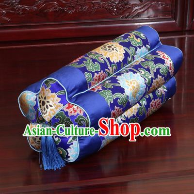 Chinese Traditional Household Accessories Classical Lotus Pattern Royalblue Brocade Plum Blossom Pillow